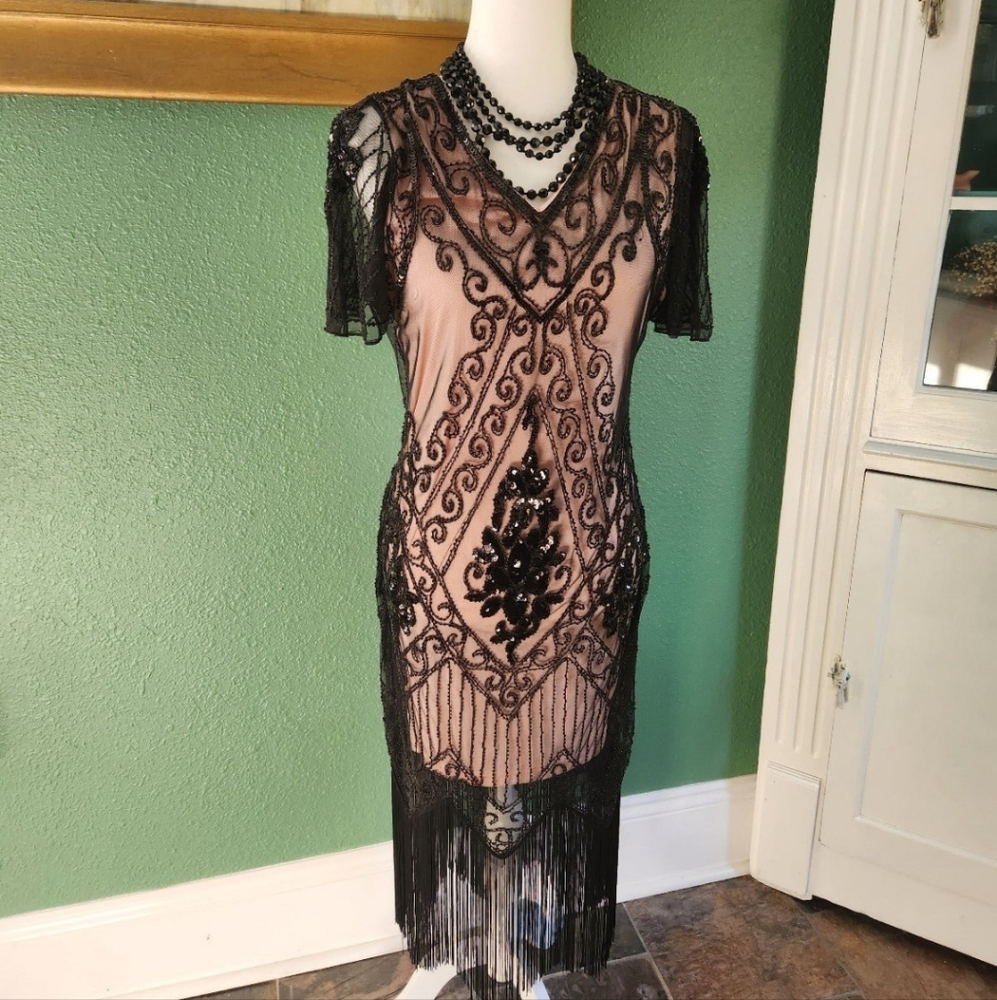 Black, beaded flapper-style party dress -size L